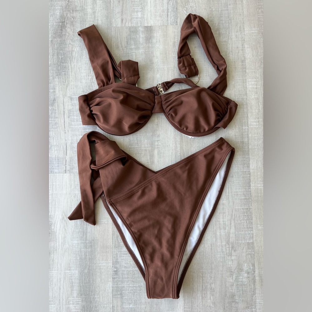 SHEIN Brown Bikini-Underwire/Removal Padded Top & High Cut Bottoms Size Medium